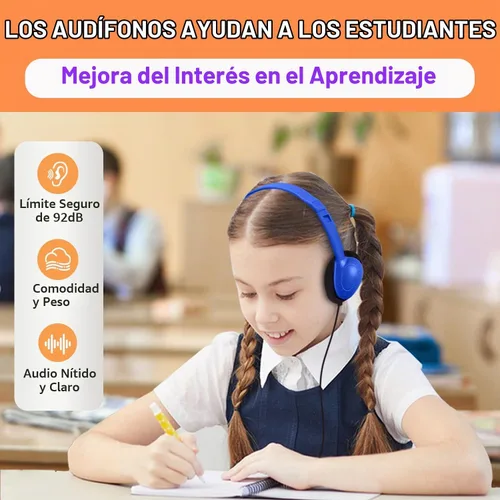 Vista 5 de Paquete de 10 auriculares para niños a granel para el aula escolar, auriculares multicolor con cable para estudiantes, auriculares ajustables