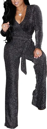 Vista 2 de HannahZone Overol sexy brillante para mujer, ropa de club, manga larga, elegante, para fiesta, cintura alta, pantalones de pierna ancha