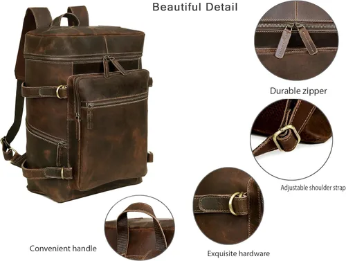 Vista 2 de HLC Mochila de cuero genuino para computadora portátil para hombres y mujeres, mochila genuina de gran capacidad, para negocios, retro, viajes