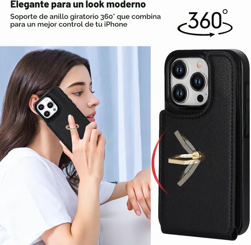 Vista 3 de Folosu Funda compatible con iPhone 15 Pro con soporte para tarjetas, rotación de 360°, soporte de anillo de dedo con función atril, bloqueo RFID