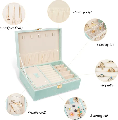 Vista 2 de Joyero organizador de 2 capas para mujeres y niñas, estuche de almacenamiento para aretes, anillos, collares, regalo para mujeres (verde)