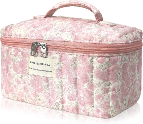 Vista 21 de Gosect Bolsa de maquillaje grande, bonita bolsa de cosméticos para mujeres y niñas, bolsa de aseo estética de coqueta floral, bolsa organizadora