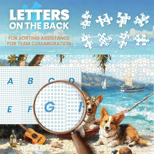 Vista 5 de Rompecabezas para adultos de 1000 piezas, rompecabezas de 1000 piezas con letras en la parte posterior, rompecabezas de perro Corgi Happy Beach