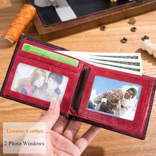 Vista 4 de WOWOLAY Cartera RFID para hombre plegable de cuero genuino con 2 ventanas de identificación, cartera roja, Rojo -, Slim