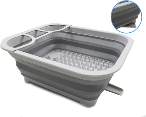 Vista 4 de SAMMART Escurridor de platos plegable de 3.17 galones con boquilla giratoria, organizador de vajilla portátil, bandeja de almacenamiento de cocina