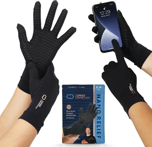 Vista 10 de Copper Compression Guantes de dedo completo para artritis - Agarres de palma - Puntas de pantalla táctil - Soporte de compresión para túnel