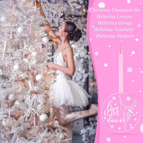 Vista 6 de Roowest 6 piezas de adorno de bailarina de ballet de Navidad, decoración redonda de bailarina, adorno colgante de acrílico con cintas rosas