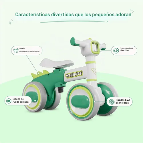 Vista 3 de WinHope Dinosaur Baby Balance Bike for 1 Year Old, Lights & Music Verde