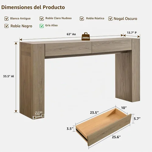 Vista 2 de OKD Moderna mesa consola de entrada, mesa de sofá con cajones, mesa de pasillo de 63 pulgadas de largo detrás del sofá, diseño de madera gruesa
