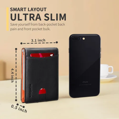 Vista 6 de RUNBOX - Cartera minimalista y delgada para hombre con clip de dinero, bloqueo RFID y piel para bolsillo frontal