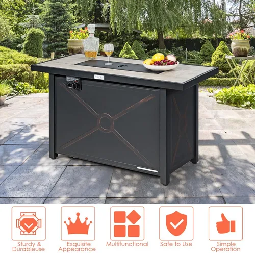 Vista 6 de COSTWAY Mesa para fogata de propano de 42 pulgadas, mesa rectangular de gas para exteriores de 60,000 BTU con mesa de cerámica, roca de lava