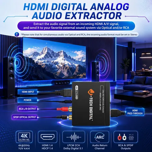 Vista 4 de J-Tech - Convertidor de extractor de audio HDMI digital 4K 60Hz con óptica SPDIF, 3 modos de audio EDID, paso HDCP y soporte de sistema AV heredado