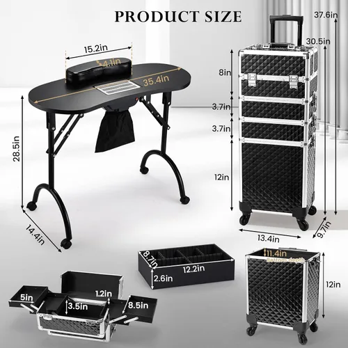 Vista 6 de Faquenc Mesa de manicura plegable para uñas con colector de polvo + estuche de maquillaje 4 en 1 rodante para estilistas móviles, artistas, salón