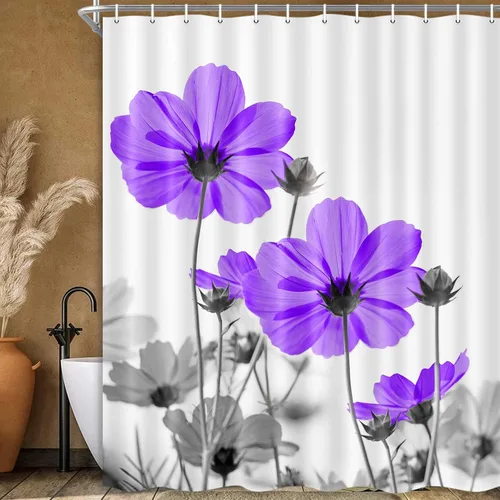 Vista 52 de MERCHR Cortina única floral azul para decoración de baño, cortina de ducha estilo granja con flores de margarita azul y gris elegantes y diseño