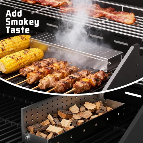 Vista 5 de SKOK Parrilla de gas propano de 4 quemadores con quemadores laterales y traseros infrarrojos, parrilla de barbacoa al aire libre con rejillas
