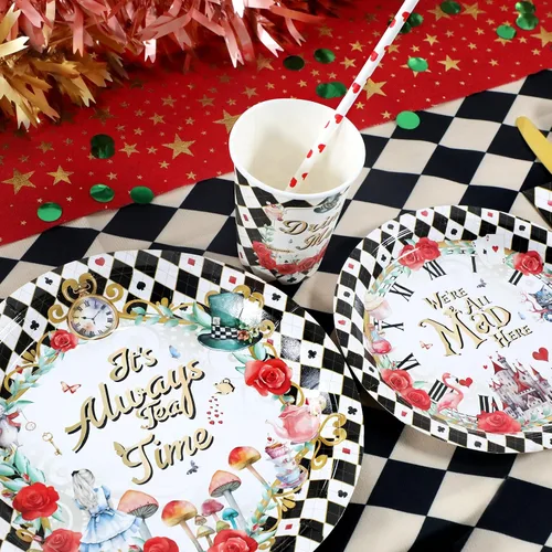 Vista 6 de Decoraciones para la fiesta del té de Alicia - Platos de papel para baby shower, servilletas, tazas y pajitas para 24 invitados, juego de vajilla