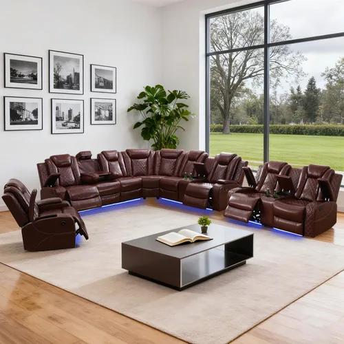 Vista 15 de Juego de sofá modular reclinable eléctrico con luz LED, juego de sofá modular reclinable de cuero, incluye sillón reclinable individual, juego