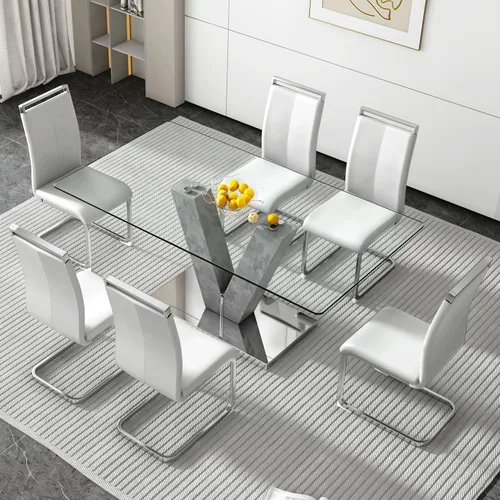 Vista 19 de Juego de mesa de comedor de cristal de 71 pulgadas para 4, juego de mesa de cocina moderno para 4, juego de mesa de comedor para el hogar