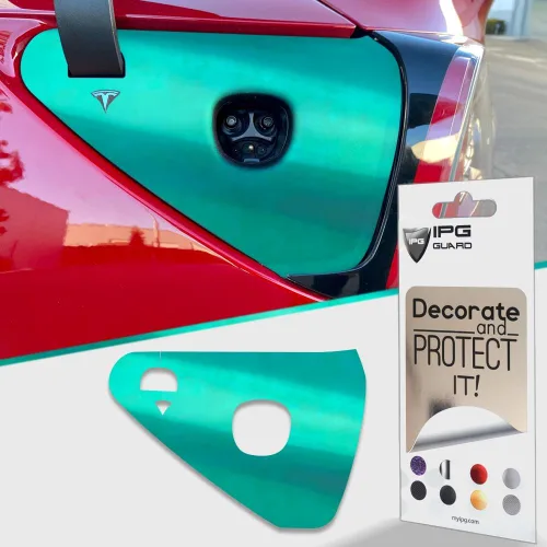 Vista 12 de IPG para Tesla Model 3/Y - Adhesivos de tapa de carga 2021-23 - Juego de pegatinas DIY - Aluminio cepillado oscuro