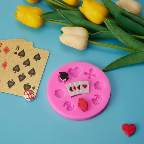 Vista 5 de WILLBOND 2 moldes de silicona para póquer, moldes de chocolate con temática de casino en 3D, mini tarjetas de corazón para dulces, fondant, rosa