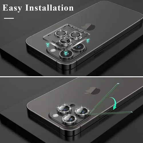 Vista 4 de YWXTW Diseñado para iPhone 14 Pro/iPhone 14 Pro Max Protector de Lente de Cámara Brillante, [Nuevo Diseño con Purpurina] Vidrio Templado de Metal