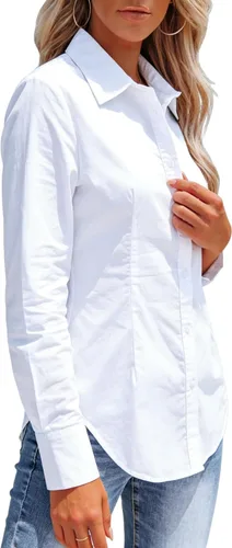 Vista 4 de Camisas con botones para mujer, camisas de vestir de manga larga, sin arrugas, cuello para el trabajo, oficina, blusas sólidas, blusas ajustadas