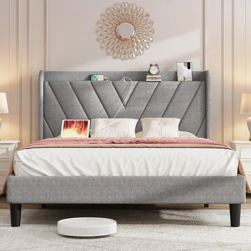 Vista 12 de koorlian Marco de cama tamaño matrimonial, Marco de cama tamaño matrimonial con cabecero, Marco de cama tapizado ajustable con puerto tipo C y USB