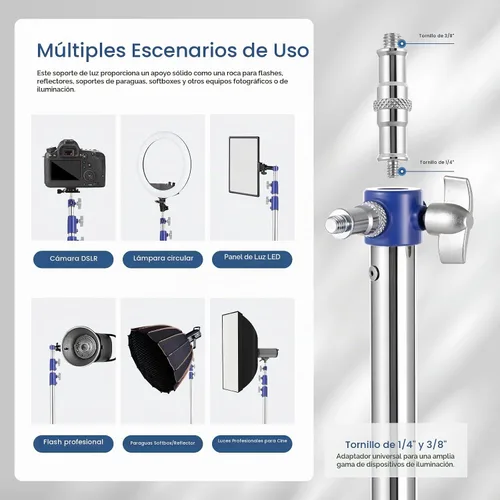 Vista 2 de Soporte de Luz para Fotografía, Soporte de Trípode de Acero Inoxidable Resistente de 10.5 pies/320 cm con Tornillo Universal de 1/4” a 3/8”, Soporte