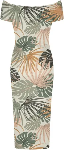 Vista 4 de Vestido largo para mujer, con hombros descubiertos, floral, para fiesta, con abertura, para verano, playa, hawaiano, tropical, elegante, vestido