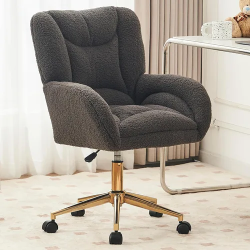 Vista 9 de Silla de escritorio de terciopelo suave cómoda con patas y ruedas de metal dorado, silla de oficina cómoda giratoria de 360 grados con altura Verde