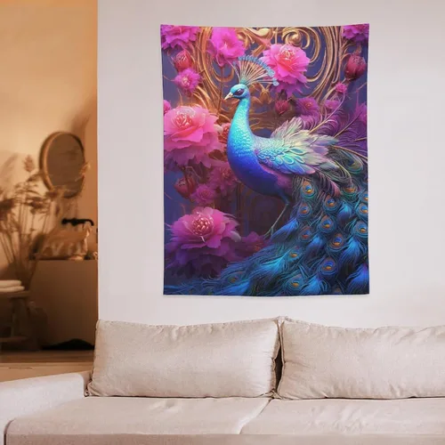 Vista 6 de JHION Tapiz de pavo real, hermoso tapiz de pájaro para colgar en la pared, tapices estéticos psicodélicos, arte de pared, decoración del hogar