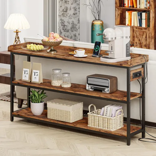 Vista 6 de IRONCK Estantería industrial con puertas con listones y mesa consola con estación de carga, marrón rústico, altura ajustable