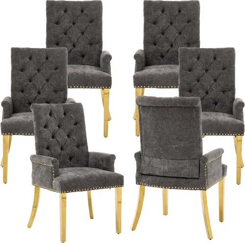 Vista 10 de Sillas de Comedor Tapizadas Acolchadas de Chenilla con Brazos y Ribete de Tachuelas – Marco y Patas de Madera Maciza, Estilo Granja Moderna