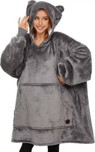 Vista 45 de THREE POODLE - Manta con capucha portátil para mujeres, sudadera con capucha de sherpa de gran tamaño para adultos hombres, mantas con capucha