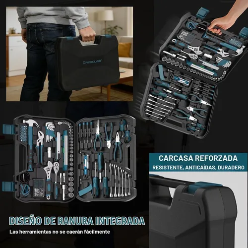 Vista 4 de Kit de herramientas para el hogar, 199 piezas, juego de herramientas básicas de reparación de automóviles para el hogar, caja de herramientas