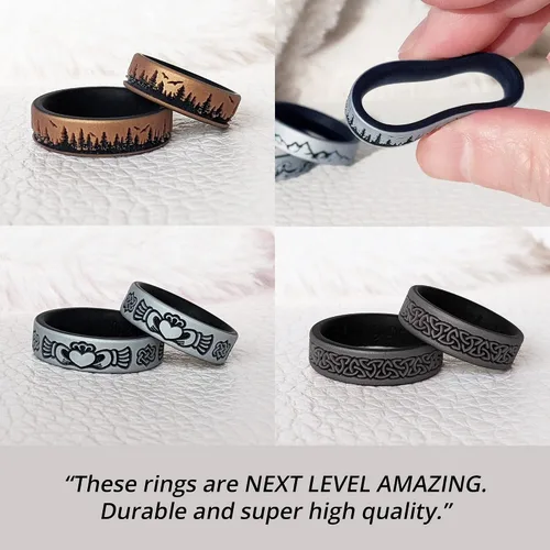 Vista 4 de Knot Theory Anillo de silicona para hombres y mujeres, diseño de ondas, montaña, bosque, alianza de boda de silicona para actividades deportivas