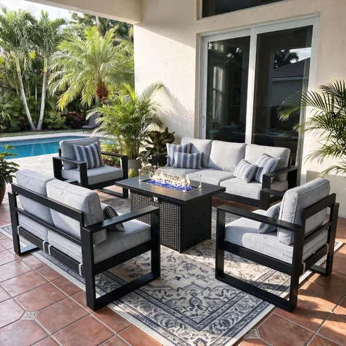 Vista 21 de LayinSun - Juego de muebles de patio de aluminio para exteriores de 4 piezas, sofá de conversación moderno de metal con mesa de café y cojines Negro
