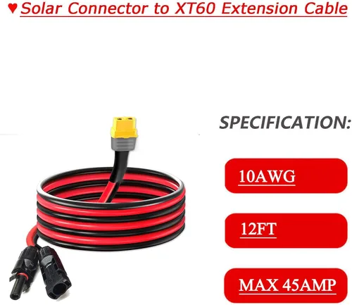 Vista 4 de Cable de extensión de carga solar a XT60, conector solar de 12 pies a XT60, cable adaptador para puerto de entrada XT60, estación de energía