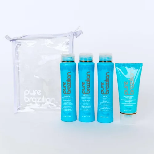 Vista 6 de Pure Brazilian Kit esencial de tamaño de viaje de 4 piezas: champú, acondicionador, suero y máscara antiencrespamiento
