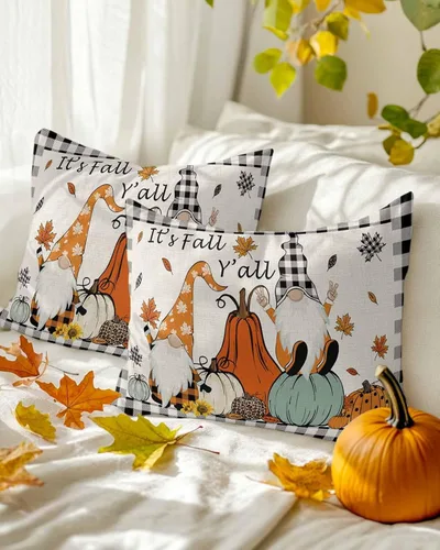 Vista 3 de Juego de 2 fundas de almohada de otoño de 20 x 12 pulgadas, diseño de gnomo de calabaza, fundas de cojín decorativas, fundas de almohada lumbares a