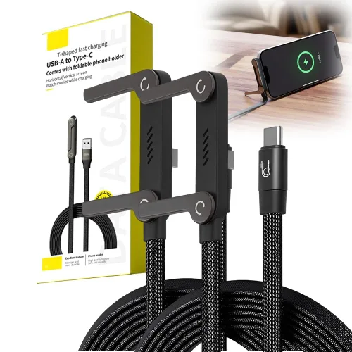 Vista 9 de Cable de carga rápida trenzado de 240 W con soporte para teléfono integrado, cable de carga USB-C a USB-C duradero en forma de T 2026, cable de negro