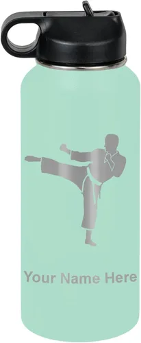 Vista 71 de Botella de agua personalizada LaserGram, Karate Man, de acero inoxidable con aislamiento al vacío de doble pared con tapa abatible, regalo grabado