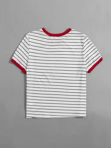 Vista 2 de SHENHE Camiseta casual de rayas con cuello redondo y manga corta para mujer, con bolsillo