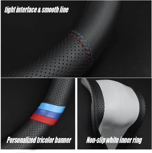 Vista 4 de Funda de cuero de napa para volante de automóvil, cómoda, antideslizante, estilo deportivo. Para fundas de volante de automóvil BMW, color negro