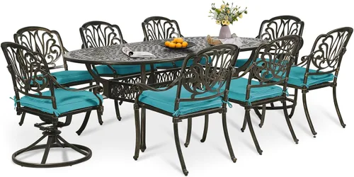 Vista 15 de Juego de comedor de patio de 9 piezas, mesa y sillas de patio al aire libre, mesa de comedor ovalada de aluminio fundido de 84 pulgadas con agujero