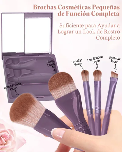 Vista 2 de PGRODE Mini juego de brochas de maquillaje de tamaño de viaje con estuche rígido y espejo integrado, 5 brochas pequeñas para cosméticos, kits
