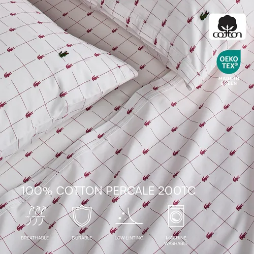 Vista 4 de Lacoste Slice - Juego de sábanas de percal 100 % algodón, 3 piezas – Fresco, marcado, mate y duradero, certificado Oeko-Tex – Estampado, Rosa Rosa