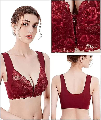 Vista 4 de Camilace - Brasier cómodo con cierre frontal inalámbrico, brasier de encaje para mujer, brasier de encaje con cremallera