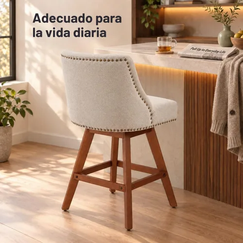 Vista 9 de Juego de 2 taburetes de bar giratorios modernos, taburetes de bar de 26.6 pulgadas de altura de mostrador beige con respaldo para isla de cocina