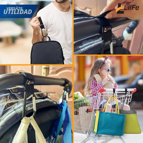 Vista 7 de 2 ganchos negros para cochecito de bebé para colgar Correas multiusos para cochecito con clips duraderos y elegantes para bolsas de pañales El
